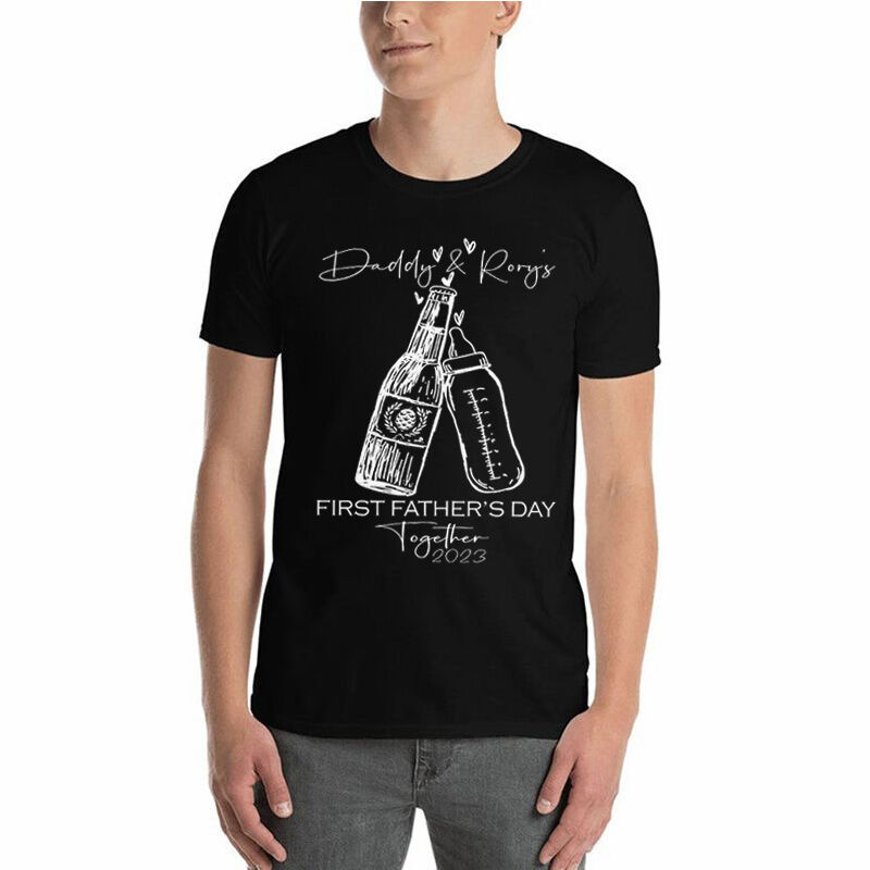 Camiseta padre con nombre de hijos personalizado con dibujo de botella de vino