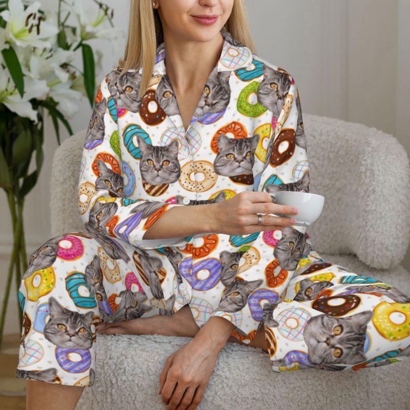 Pyjama personnalisé avec photo d'animal de compagnie personnalisée, motif de beignets colorés, cadeau attrayant pour les amoureux des animaux