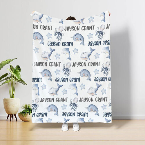 Personalized Name Blanket with Cartoon Blue Whale and Octopus Pattern
