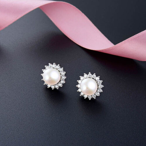 Flower Single Pearl Sterling Silver Stud Earrings