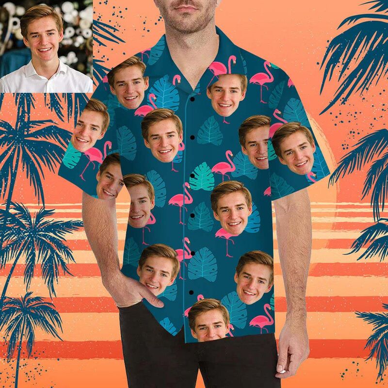 Custom Face Beautiful Flamingo and Leaves Men's All Over Print Hawaiian Shirt