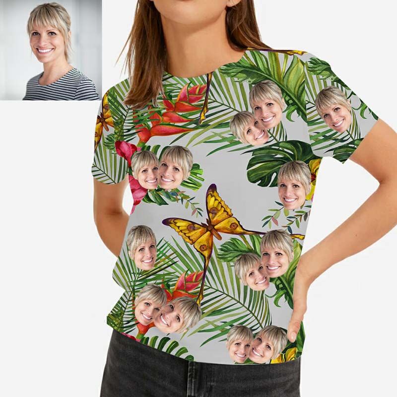 T-Shirt "Papillon en fleur" Visage personnalisé hawaïen pour femme