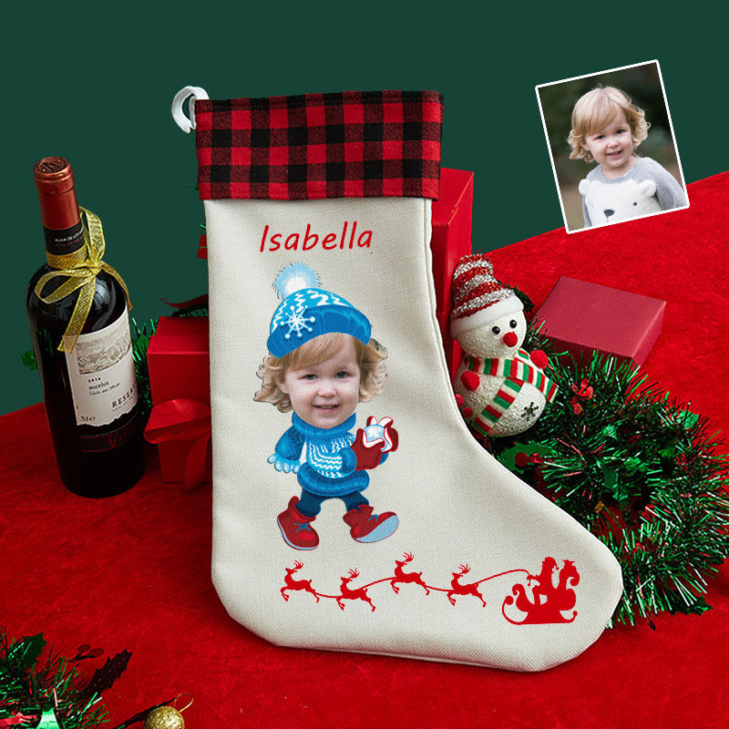 Personalized Custom Face Christmas Stocking Blue Children Cartoon Image Christmas Gift Bag