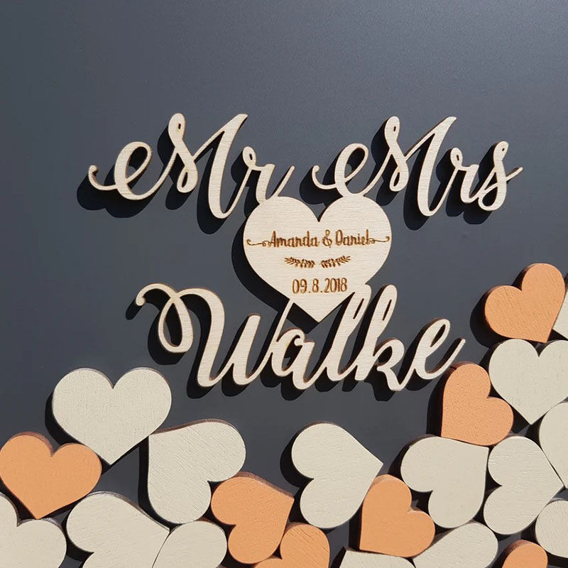 Personalized Square with Heart Inserts Wooden Acrylic Custom Name Guest Book