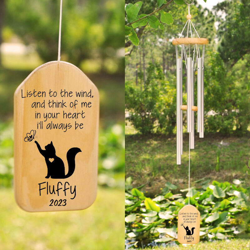 Custom Wind Chime In Your Heart I'll Always Be with Kitten and Butterfly Design Memorial Gift