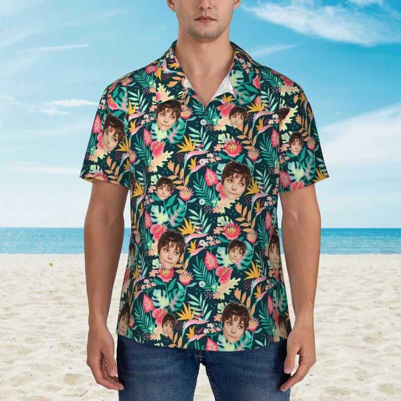 Personalizada Camisa de los hombres de estilo tropical de impresión de fotos de la cara de las hojas para él