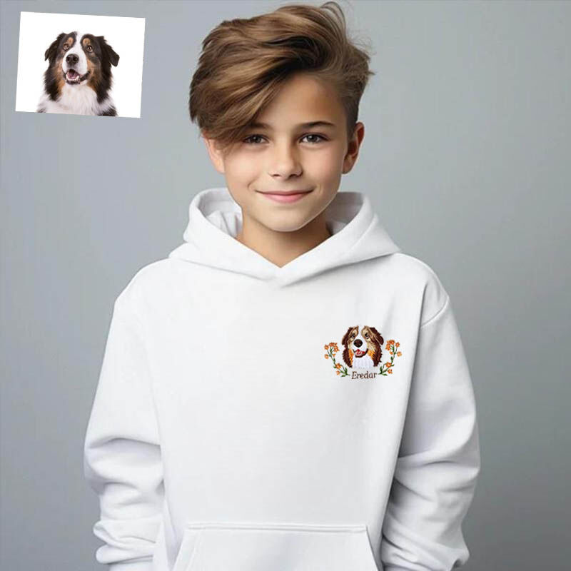 Sweat à capuche brodé personnalisé pour enfants, photo couleur de la tête d'un animal de compagnie avec décoration florale, cadeau pour enfants