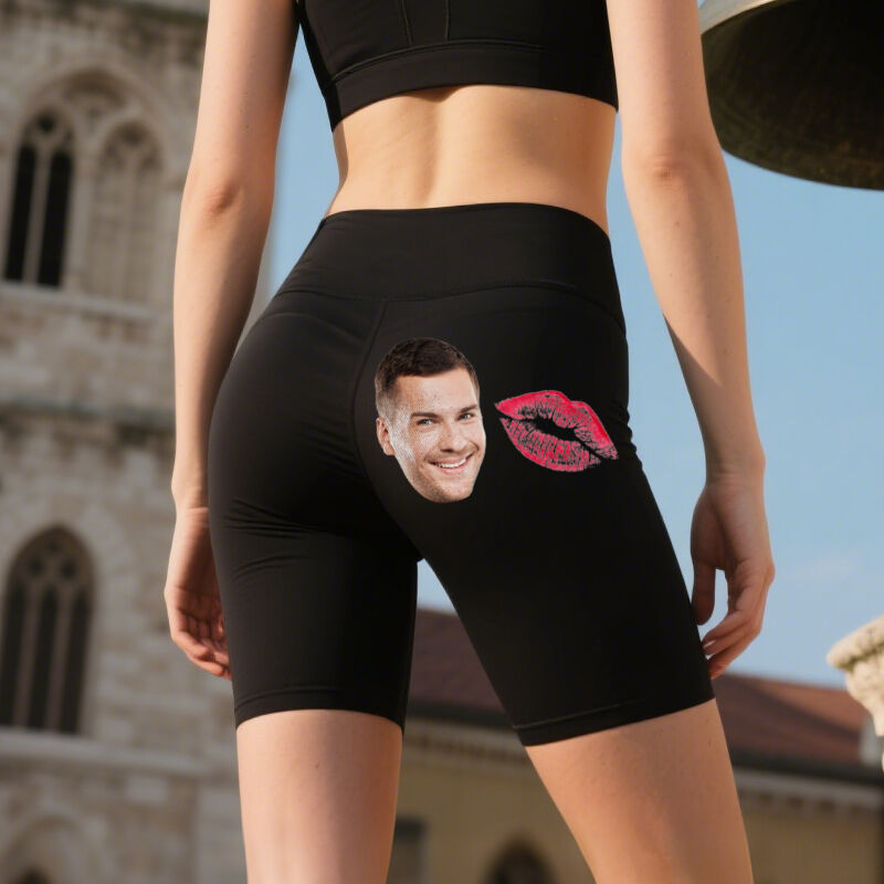 Personalized Biker Leggings Custom Boyfriend's Head Photo with Kiss Design Perfect Gift for Her Lovers