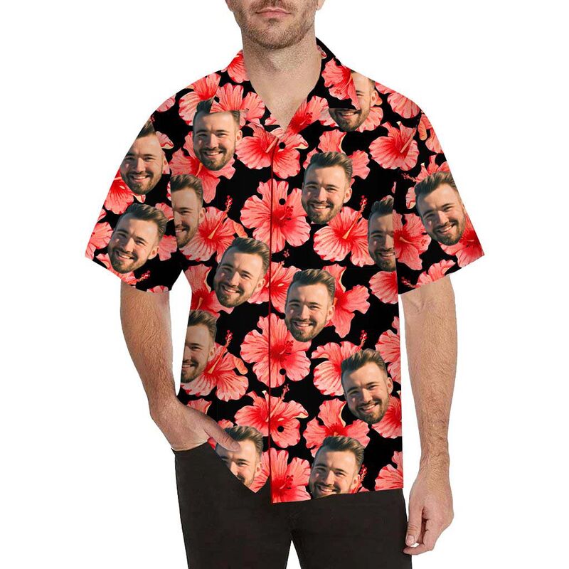 Chemise hawaïenne Hibiscus à impression intégrale pour hommes Visage personnalisé Rouge