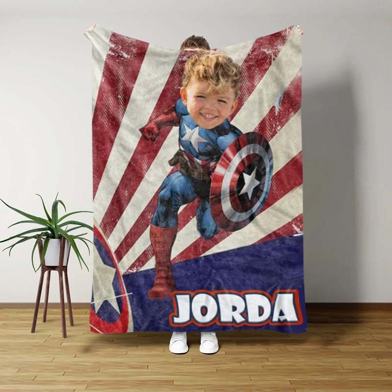 Personalized Photo Blanket of Man Holding Shield for Naughty Baby Boy