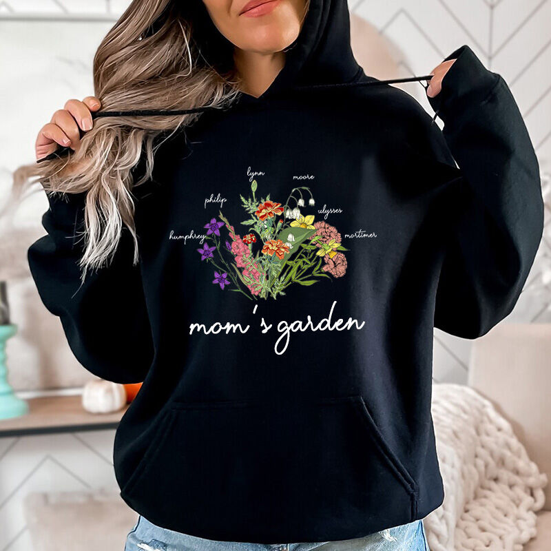 Sudadera con capucha jardín de mamá con nombre y flor personalizados para dulce mamá