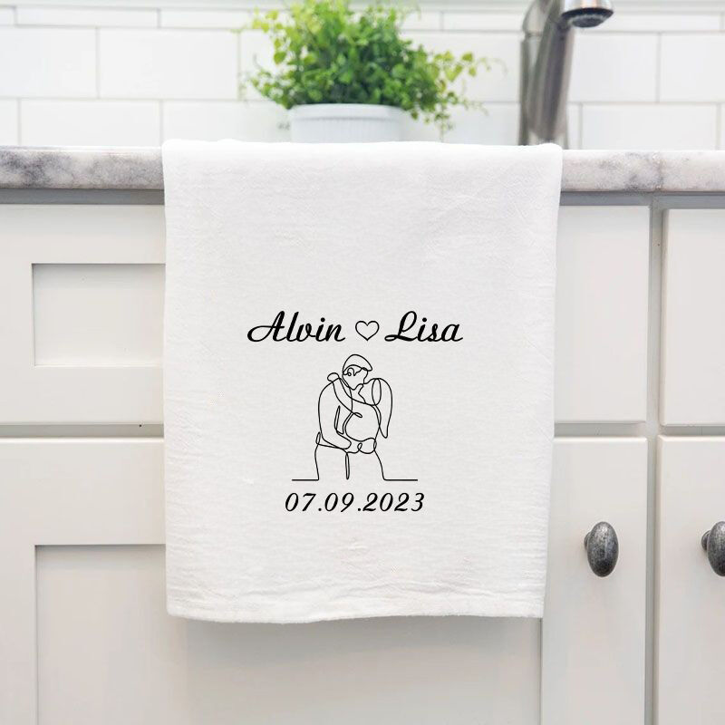 Personalized Towel with Custom Name and Date Couple Line Drawing Design Pretty Gift for Lover