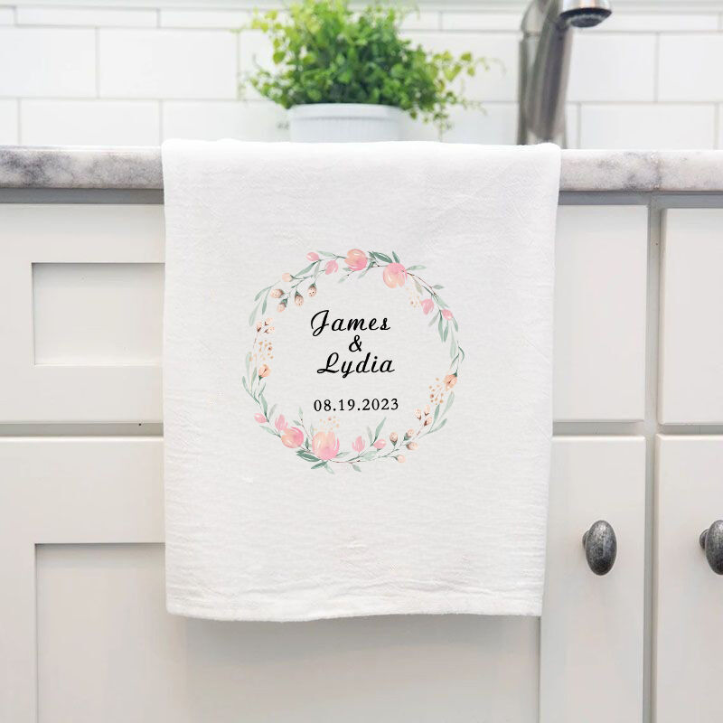 Personalized Towel with Custom Couple Name and Date Pretty Garland Design for Anniversary Gift