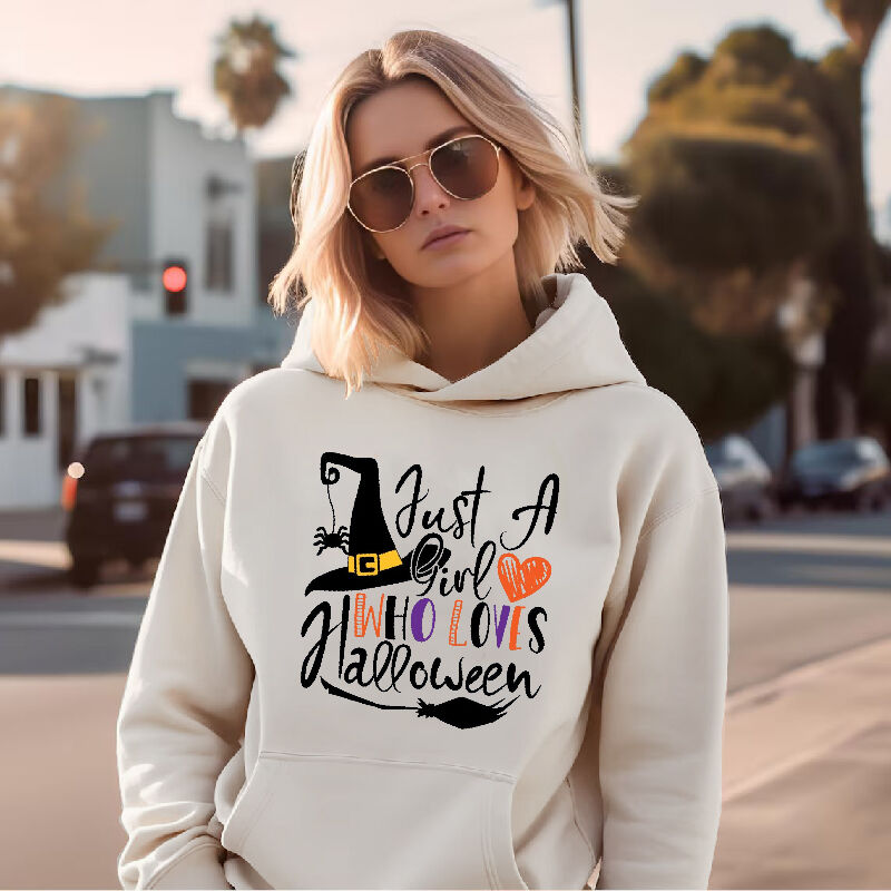 Timelessly Stylish Hoodie with Magic Broom Pattern Unique Gift for Friend "Just A Girl"
