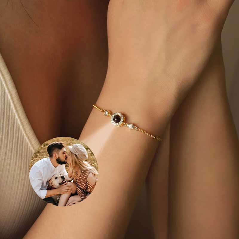 Bracelet Photo Projection Personnalisé Pendentif Rond avec Diamants et Pierre de Naissance Cadeau de Noël