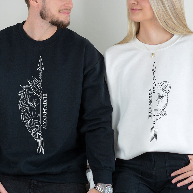Personalized Sweatshirt Cool Lion King Couple Design with Custom Roman Numeral Date Gift for Lovers