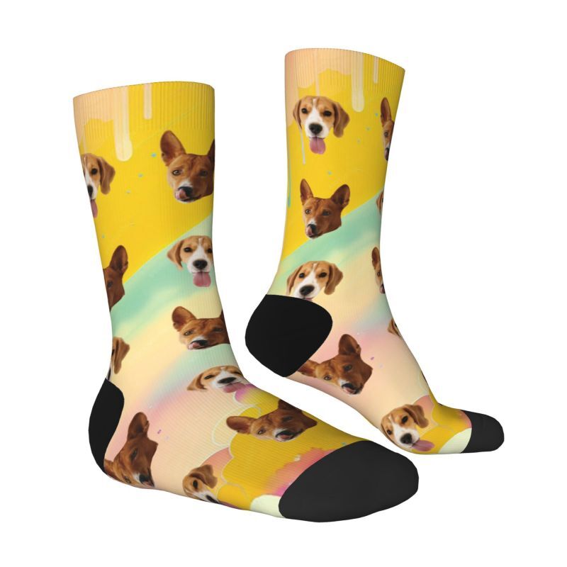 Calzini personalizzati Tie Dye con faccia arcobaleno stampati con 2 foto di animali domestici