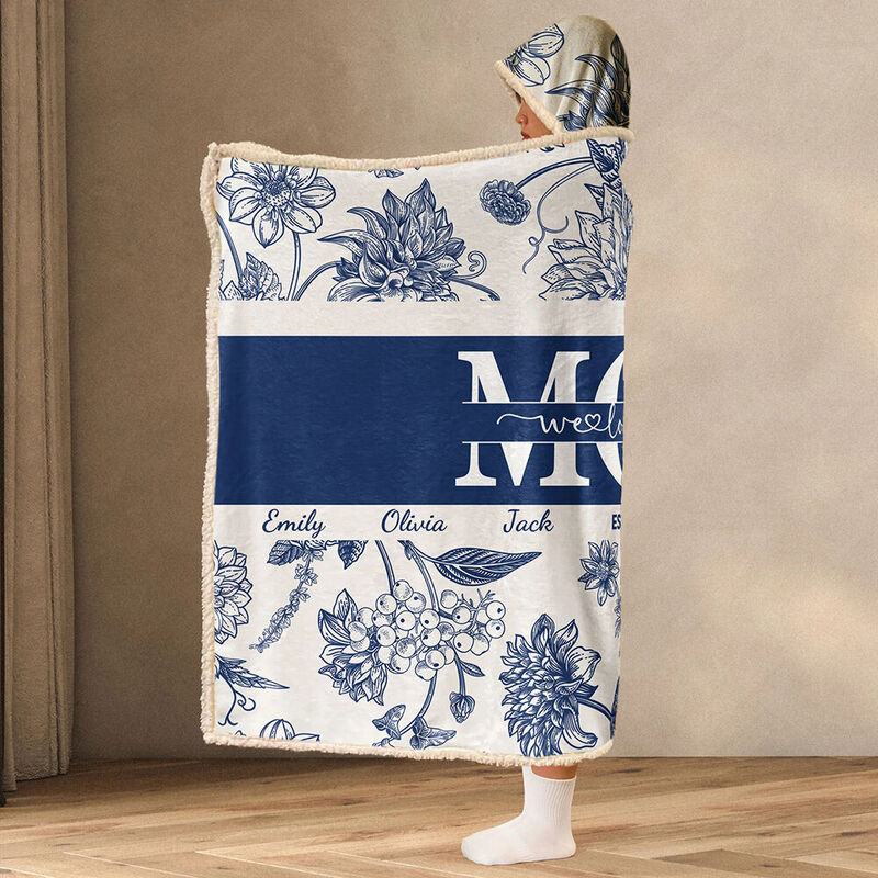 Personalized Name Wearable Blanket Hoodie with Beautiful Flowers Pattern Elegant Gift for Mother's Day