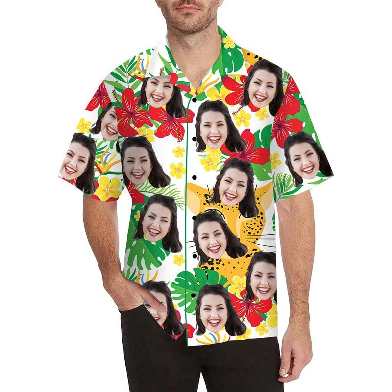 Custom Face Cat and Flower Men's All Over Print Hawaiian Shirt