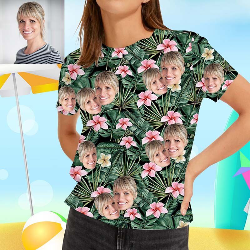 T-shirt " Belle fleur rose " hawaïen avec visage personnalisé
