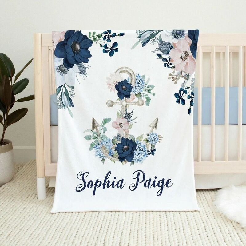 Personalized Floral Nautical Name Blanket Christmas Gift for Husband