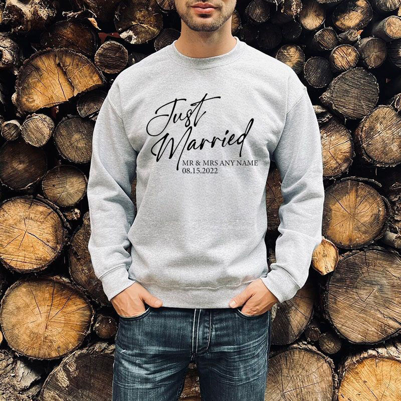 Personalized Sweatshirt Custom Name and Date Just Married Sign Creative Gift for Wedding Friends