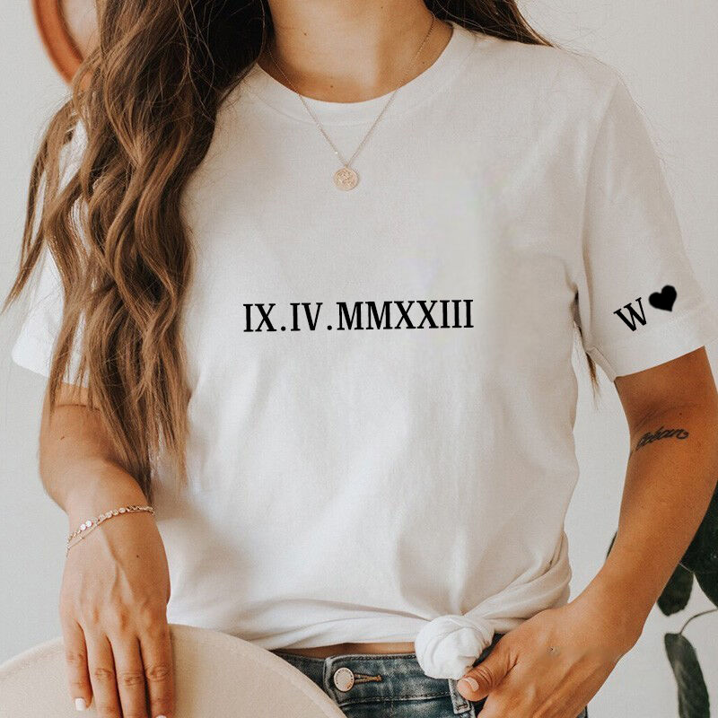 Personalized T-shirt with Embroidered Roman Numeral Date And Initial Perfect for Couple's Anniversary
