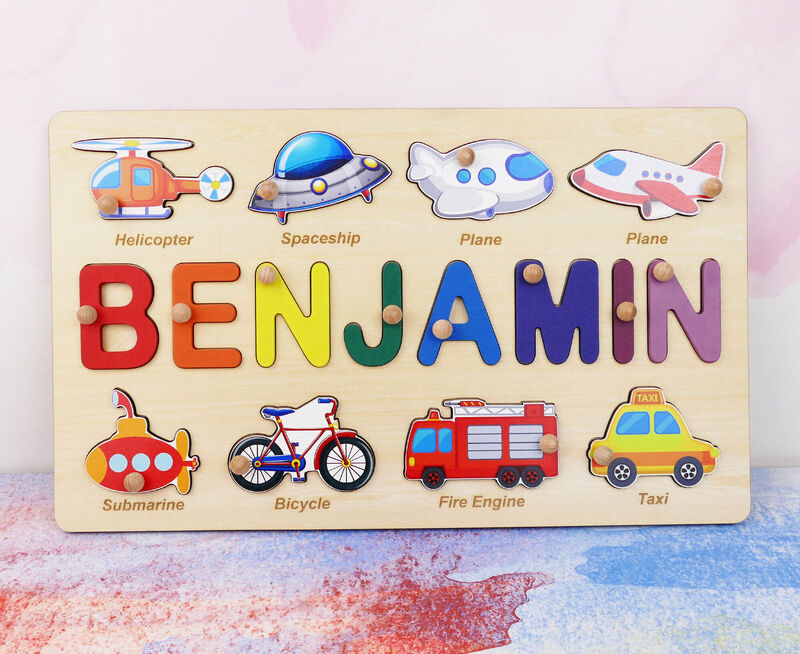 Personligt pinnpussel med transportsymboler för babynamn Utvecklad pedagogisk leksak för barn