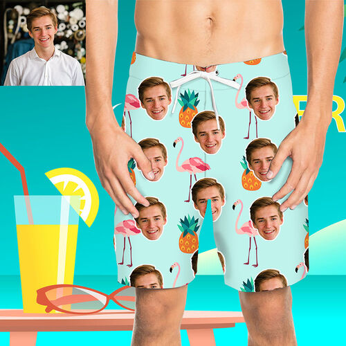 Pantaloni da Mare Uomo Corti Personalizzati con Faccia Flamingo e Ananasso Azzurro