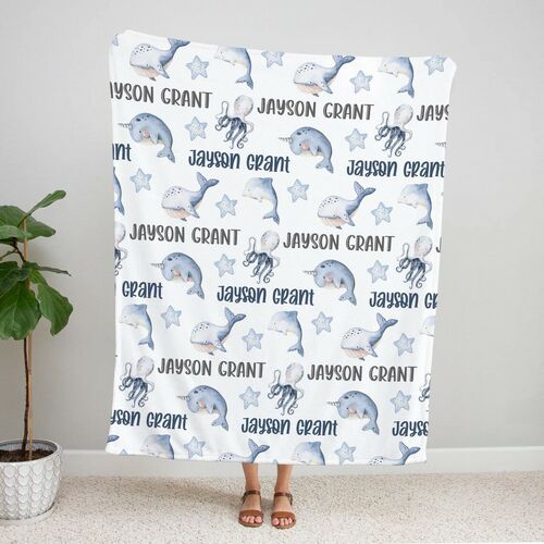 Personalized Name Blanket with Cartoon Blue Whale and Octopus Pattern