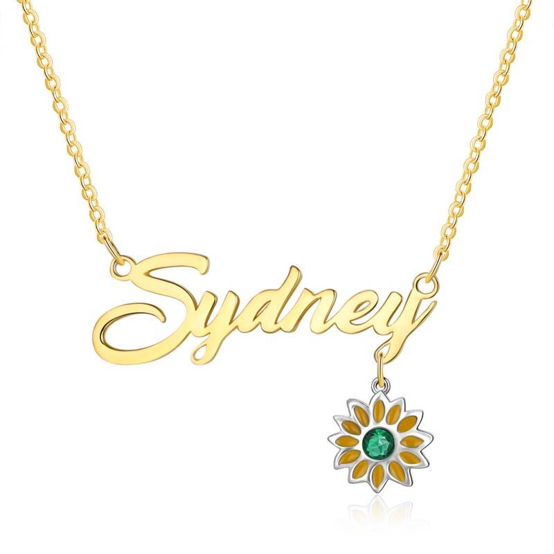 Personalized Sunflower Name Necklace with Birthstone