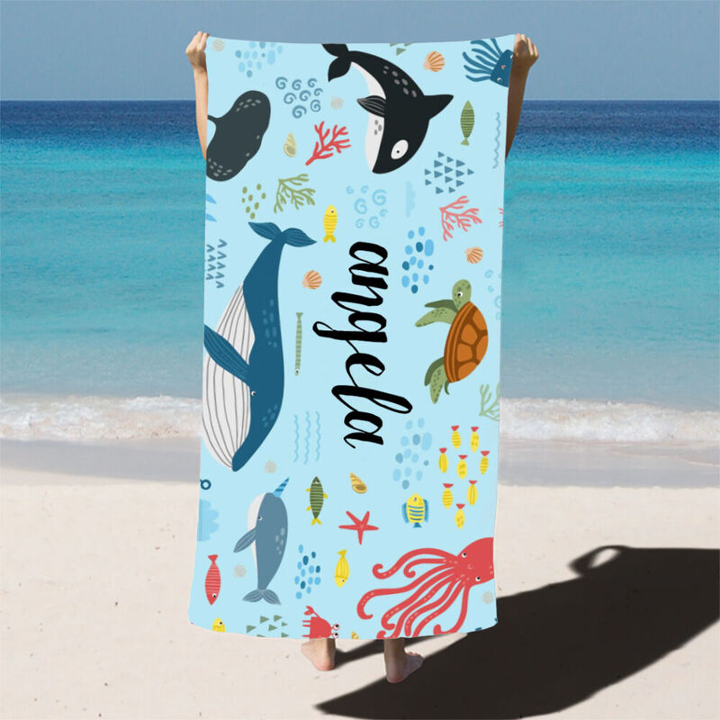 Personalized Name Bath Towel with Underwater World Pattern for Kids