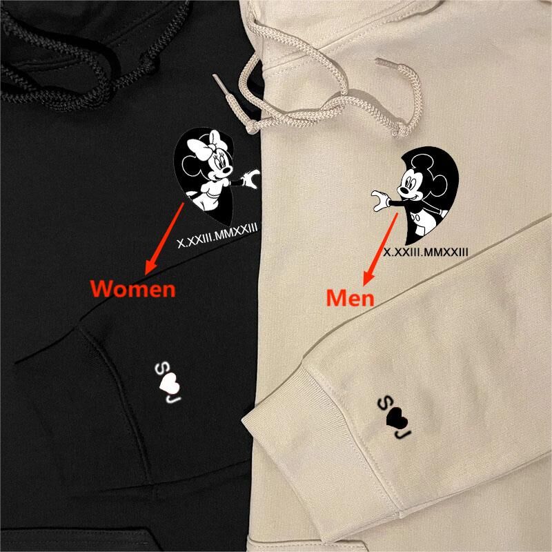 Personalized Hoodie Embroidered Hand Heart from Mickey and Minnie with Custom Roman Numeral Date for Lover