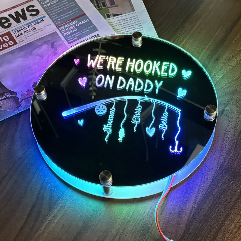 Personalized Round Mirror Lamp With Fishing Rod Cool Gift For Dad