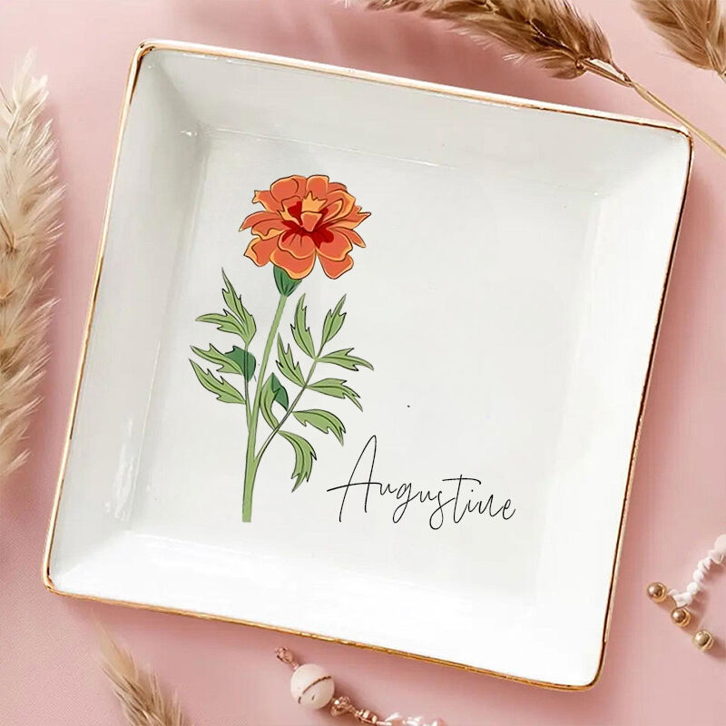 Personligt namn smycken ringskål med födelseblommönster söt present till födelsedag