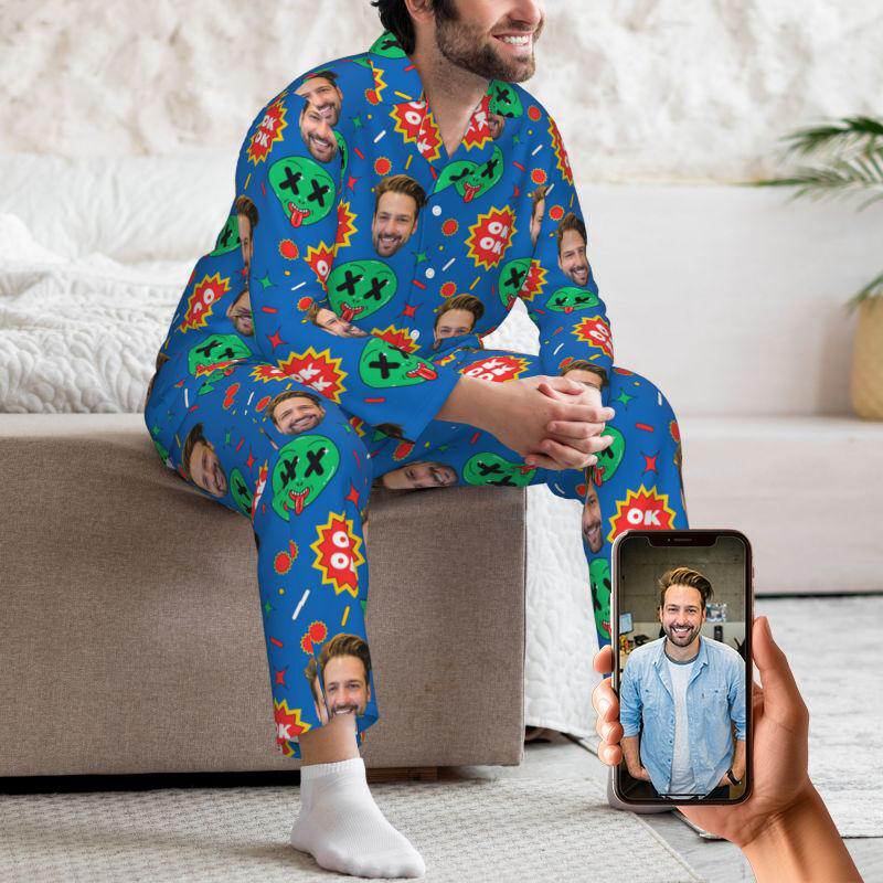 Personalized Pajamas Custom Photo Alien Whimsical Pattern Design Imaginative Funny Gift for Him