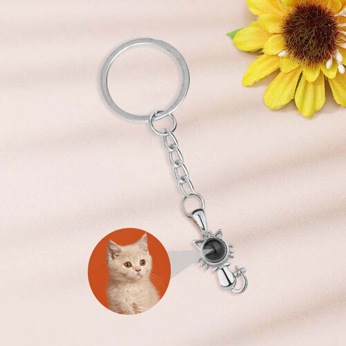 Sterling Silver Personalized Elegant Cat Photo Projection Keychain