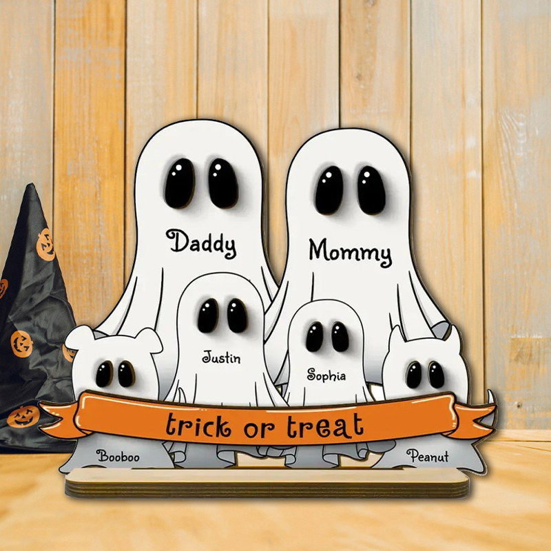 Personalized Wooden Frame Sign Trick Or Treat Ghost Family Design Perfect Gift for Halloween