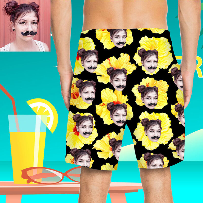 Custom Face Yellow Flowers Men's Beach Shorts