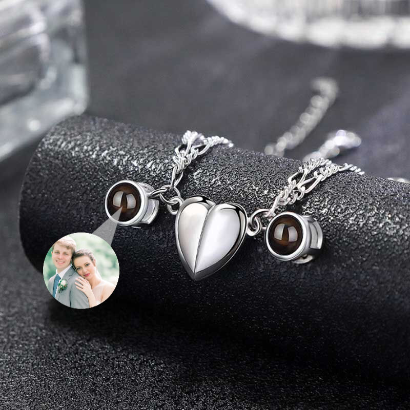 Personalized Photo Projection Double Necklace With Connected Hearts  For Couple