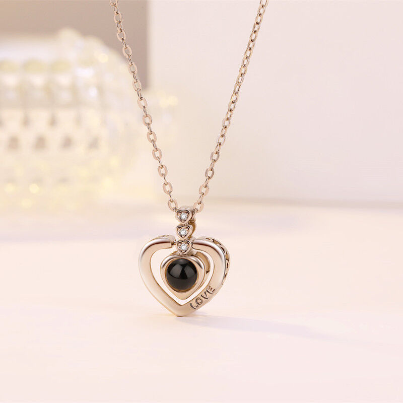Personalized Three Hearts Photo Projection Necklace with Diamonds for  Couple