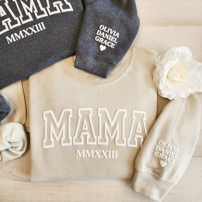 Personalisiertes Sweatshirt Puff Druck Mama Design mit individuellem Datum und Namen Warmes Geschenk zum Muttertag