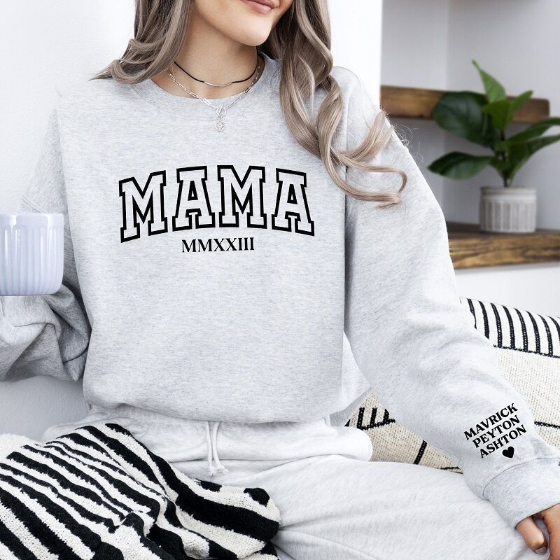 Personalized Sweatshirt Puff Print Mama Design with Custom Date and Names Warm Mother's Day Gift