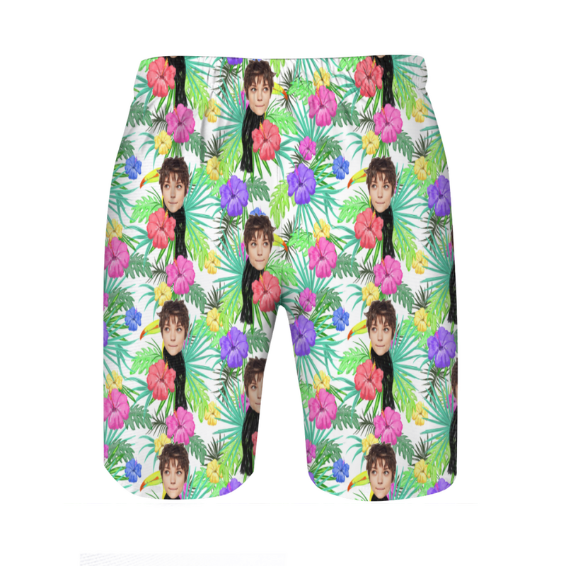 Personalized Picture Men's Beach Shorts with Purple Flowers Pattern Attractive Gift for Family