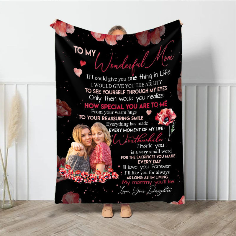 Personalized Picture Blanket with Red Flowers Pattern Beautiful Gift for Wonderful Mom