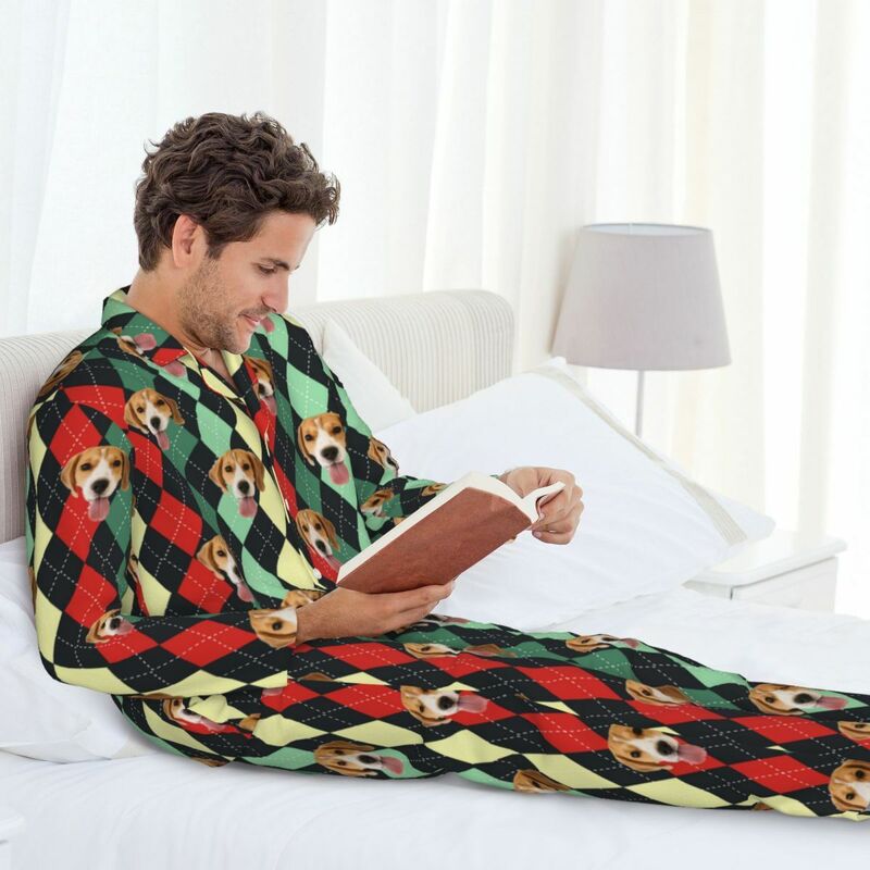 Personalisierte Pyjamas mit individuellem Haustierkopfbild Argyle-Muster Klassisches Design Exquisites Geschenk für die Familie