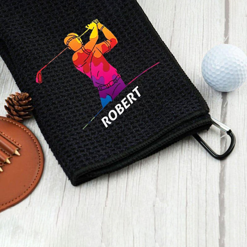 Personalized Golf Towel with Colorful Golfer Print Custom Name Golf Accessories Gift for Him