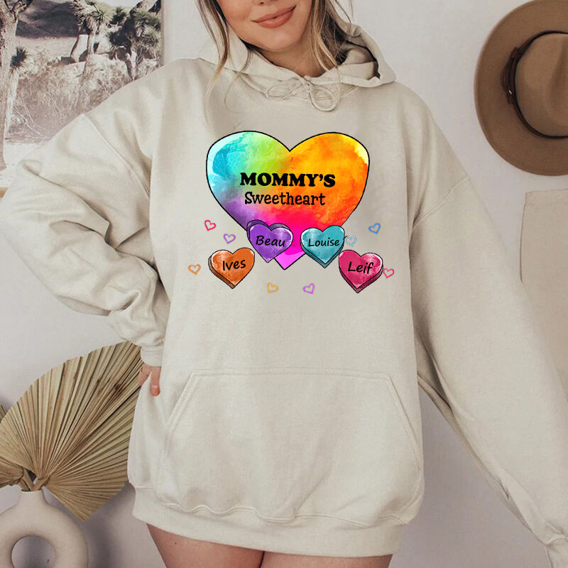Personalized Hoodie Mom's Sweetheart Custom Kids Name Colorful Heart Design Gift for Mother's Day