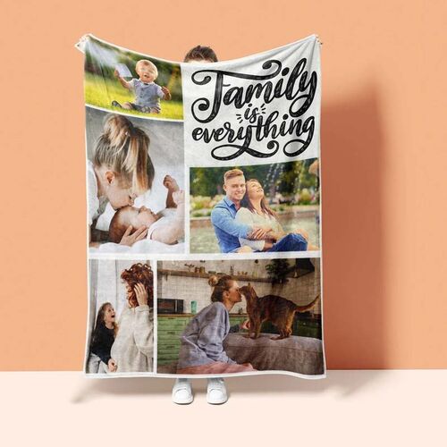 "Family Is Everything"Personalized Family 5 Photos Blanket for Family