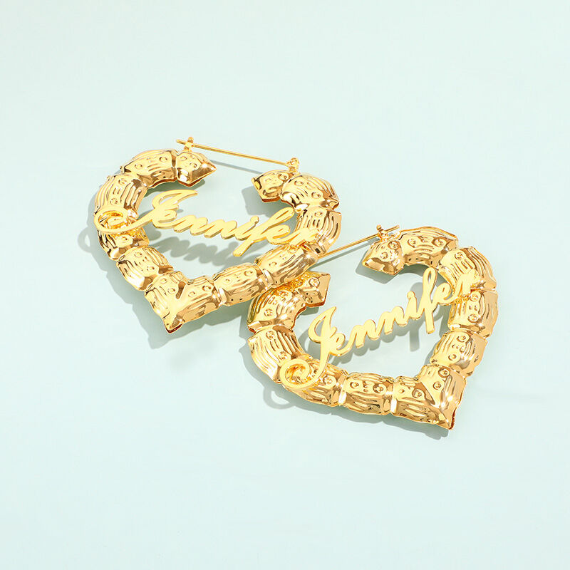 Gold Plated Personalized Heart Bamboo Name Earrings